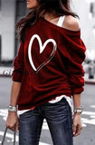 Womens Pullover Sweatshirt Heart Printed Long Sleeve One Shoulder Tops Autumn Winter Sweat Shirts