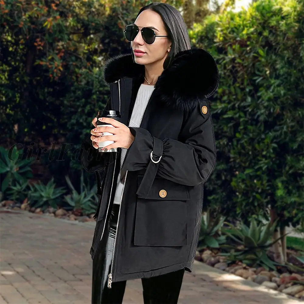 Womens Winter Parkas Long Loose Fur Collar Coat Korean Fashion Big Pocket Warm Hooded Jacket Brown