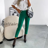 Womens Winter Skinny Pants Elastic Waist Solid Color Pockets Button Slim Pencil Female Lady Office