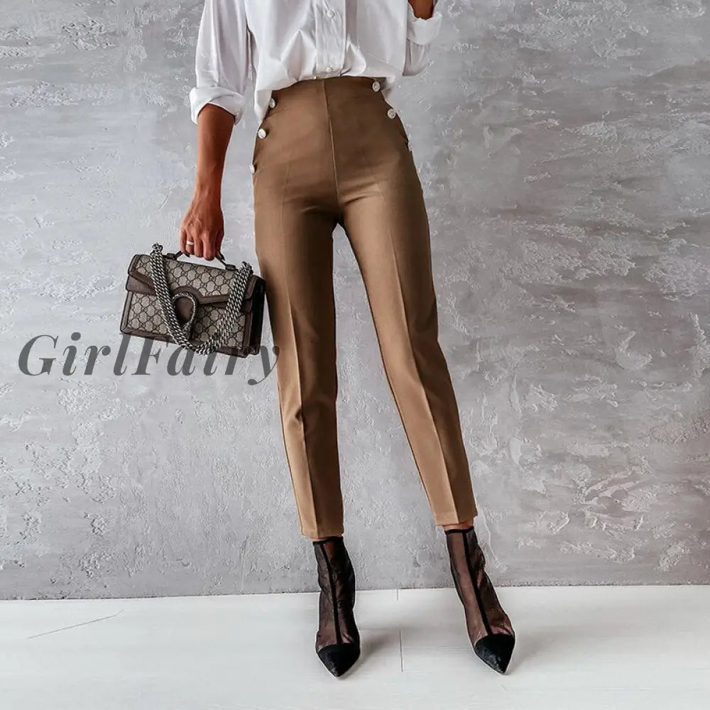 Womens Winter Skinny Pants Elastic Waist Solid Color Pockets Button Slim Pencil Female Lady Office
