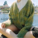 Wool Warm Cardigan Vintage Knitted Sweater V-Neck Single-Breasted Harajuku Korean Plaid Fluffy Loose