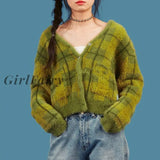 Wool Warm Cardigan Vintage Knitted Sweater V-Neck Single-Breasted Harajuku Korean Plaid Fluffy Loose Coat Sweater Women Winter