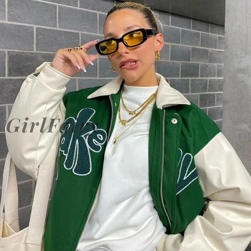 Y2K Fall Green Loose Baseball Jackets For Women Fashion Patchwork Zipper Pocket Tops Coats Female