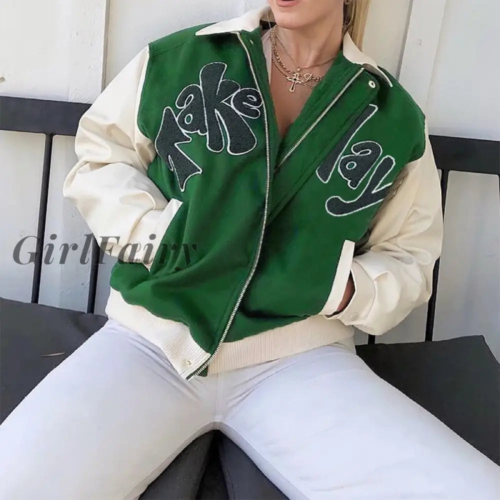 Y2K Fall Green Loose Baseball Jackets For Women Fashion Patchwork Zipper Pocket Tops Coats Female