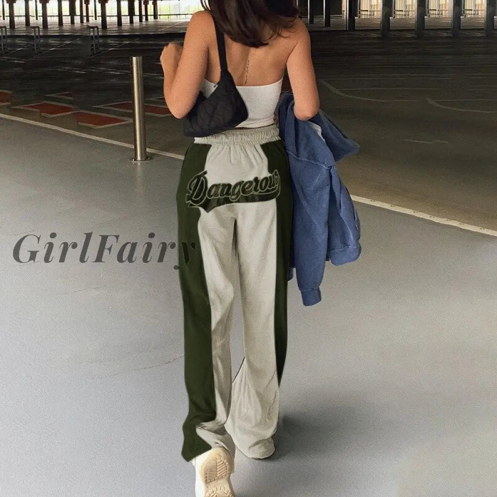 Y2K Letter Panelled Casual Pants For Women Embroidery Stitching Stretchy Streetstyle Flocking Midi