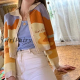 Y2K Sweater Women Autumn Vintage French Style Sunshine Print Short Knitted Chic Lady Fashion Loose