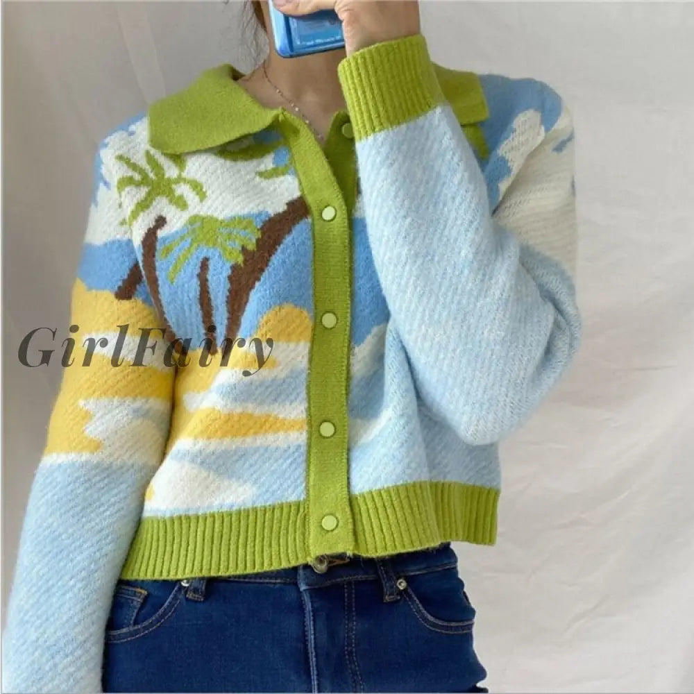 Y2K Sweater Women Autumn Vintage French Style Sunshine Print Short Knitted Chic Lady Fashion Loose