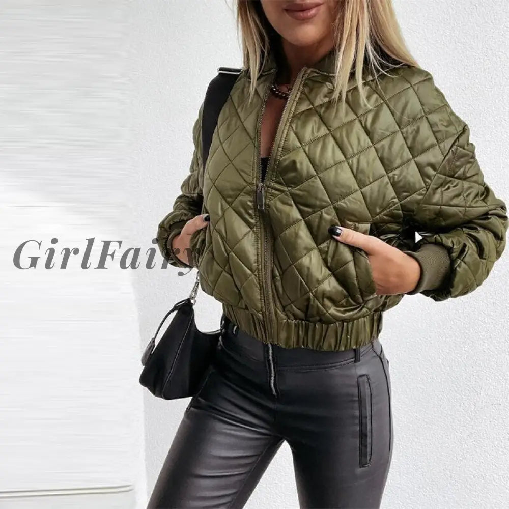 Zipper Cotton Padded Warm Jacket Coat Green Women Streetwear Pocket Long Sleeve Soild Coats Autumn