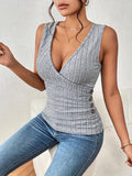 Girlfairy Ribbed Button Decor Tank Top, Casual Surplice Neck Summer Sleeveless Top, Women's Clothing