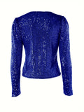 Girlfairy Sequined Solid Jacket, Casual Open Front Crew Neck Long Sleeve Outerwear, Women's Clothing