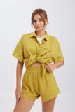 Girlfairy 2024 Fashion Woman Elegant SetSolid Color Short Sleeve Shirt Cotton Two-piece Shorts Set