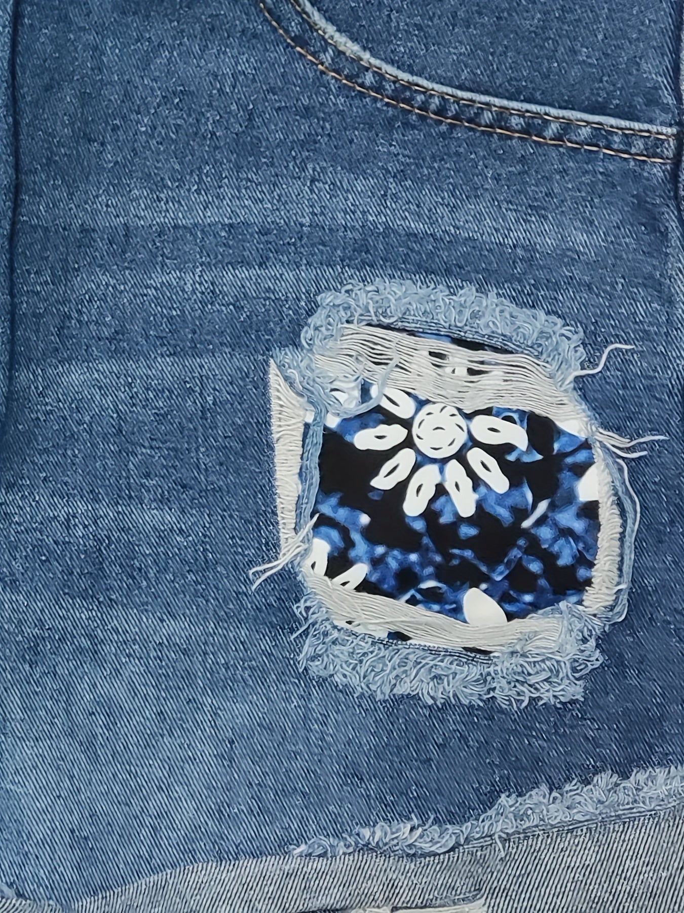 Girlfairy - Blue Rolled Hem Denim Shorts, Slim Fit Ripped Floral Print Slash Pockets Short Denim Pants, Women's Denim Jeans & Clothing