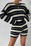 Girlfairy 2024 Fashion Woman Elegant SetStriped Crew Neck Long Sleeve Shorts Knitted Set