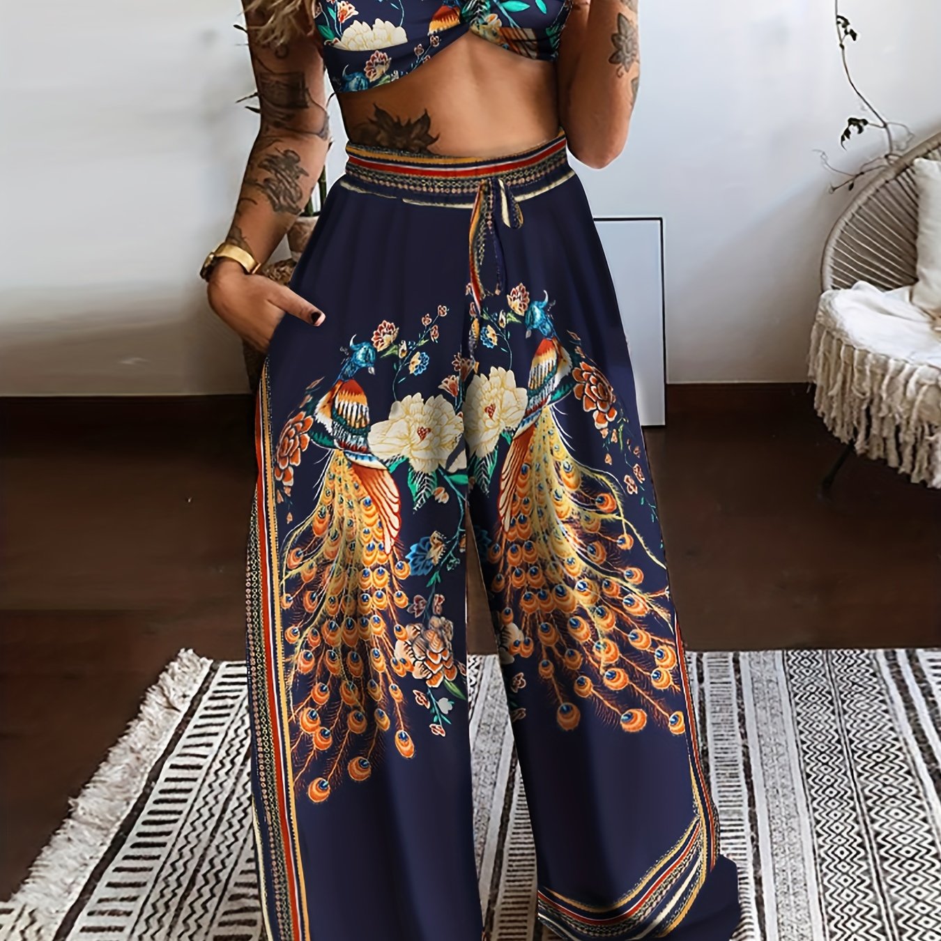 Girlfairy - Boho Butterfly Print Two-piece Set, Crop Cami Top & Wide Leg Pants Outfits, Women's Clothing