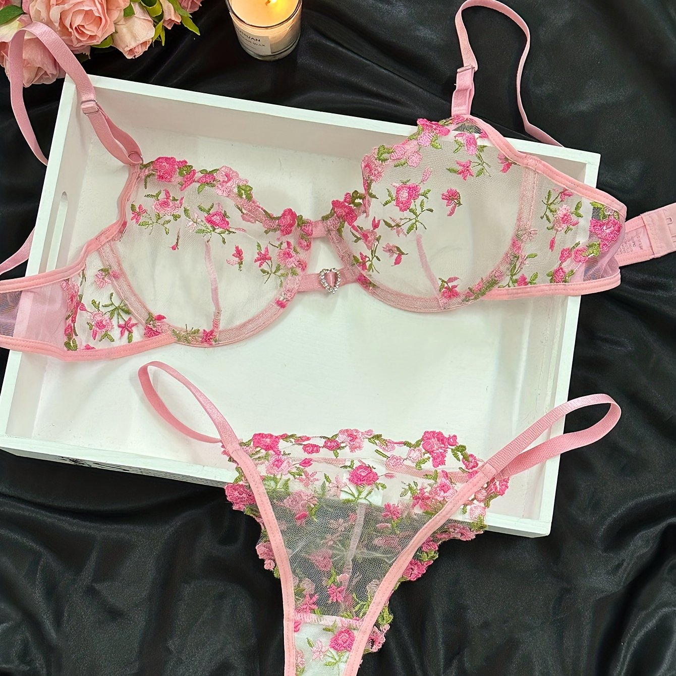 Girlfairy - Floral Embroidery Lingerie Set, Hollow Out Unlined Bra & Sheer Mesh Thong, Women's Sexy Lingerie & Underwear