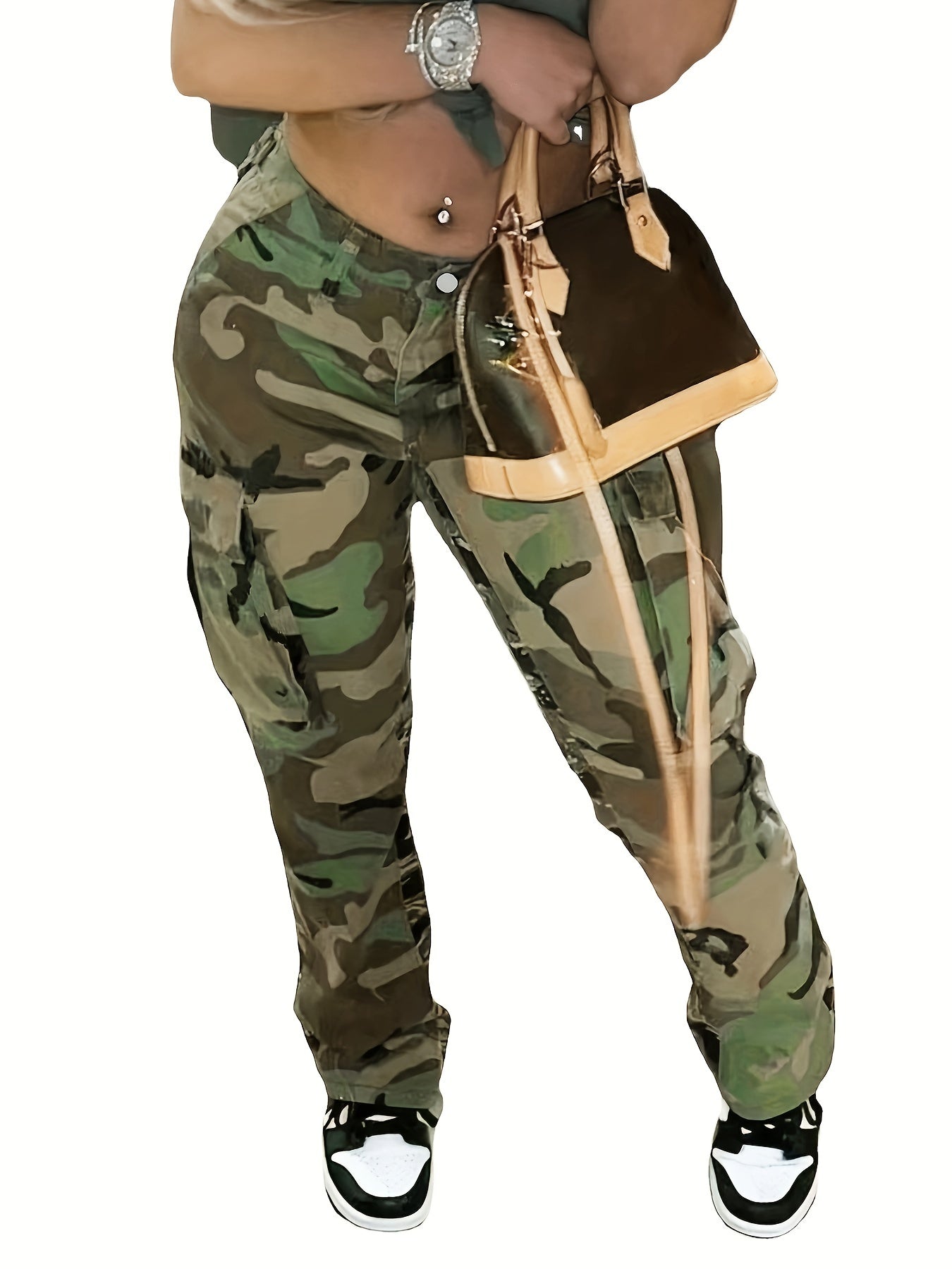 Girlfairy - High Waist Straight Camouflage Cargo Jeans, Camo Print Medium Stretch Side Flap Pocket High Rise Denim Pants, Women's Denim Jeans & Clothing