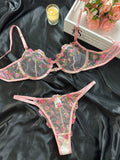 Girlfairy - Floral Embroidery Lingerie Set, Hollow Out Unlined Bra & Sheer Mesh Thong, Women's Sexy Lingerie & Underwear