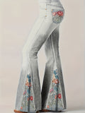 Girlfairy - Plus Size Casual Trousers, Women's Plus Denim Print Slight Stretch Contrast Floral Panel Flare Pants