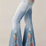 Girlfairy - Plus Size Casual Trousers, Women's Plus Denim Print Slight Stretch Contrast Floral Panel Flare Pants
