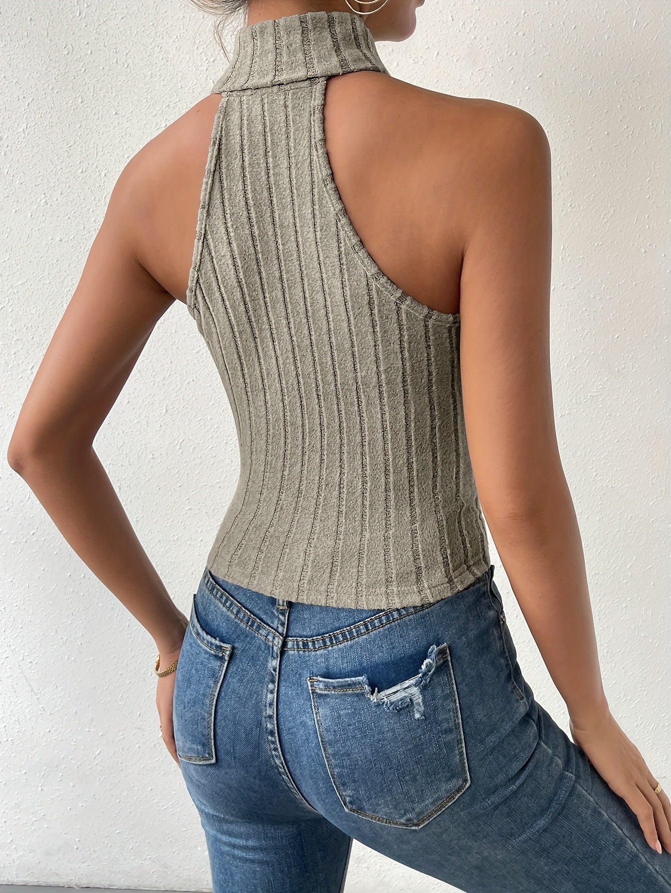 Girlfairy Ribbed Turtleneck Tank Top, Casual Solid Sleeveless Top, Women's Clothing