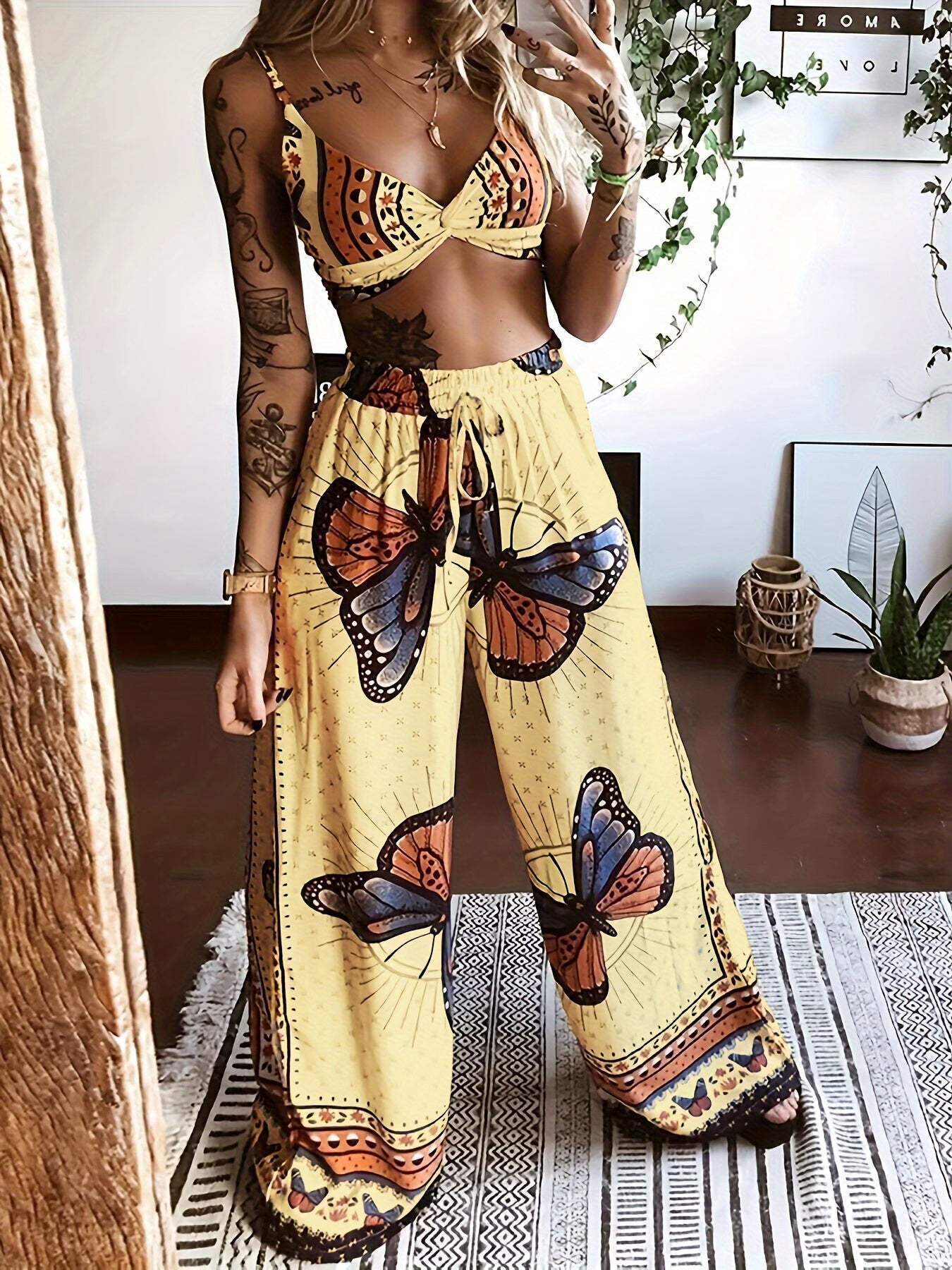 Girlfairy - Boho Butterfly Print Two-piece Set, Crop Cami Top & Wide Leg Pants Outfits, Women's Clothing