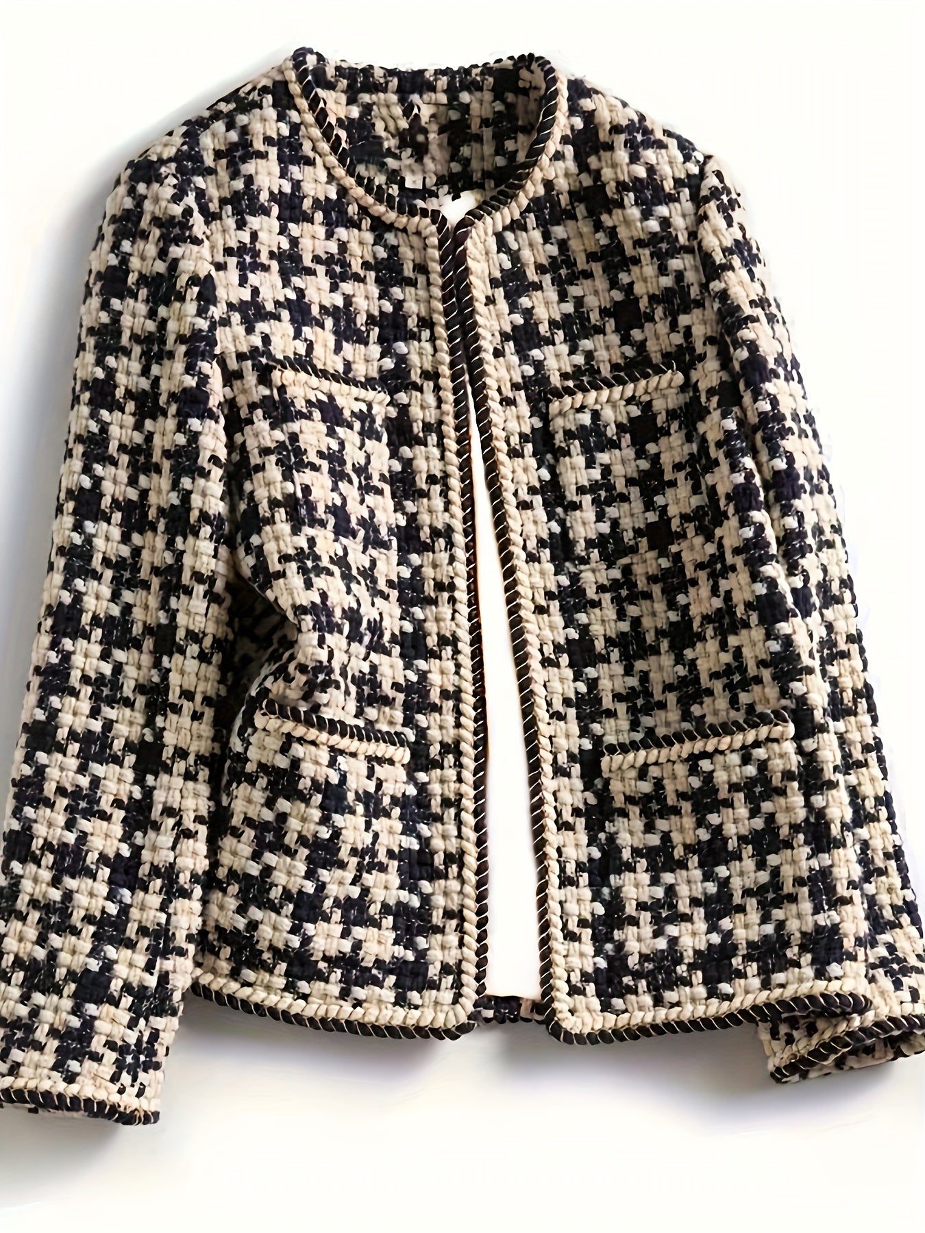 Girlfairy Plaid Pattern Jacket, Elegant Crew Neck Open Front Long Sleeve Outerwear, Women's Clothing