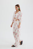 Girlfairy 2024 Fashion Woman Elegant SetFloral Print Puff Sleeve Knotted-front Tops Long Pants Suits