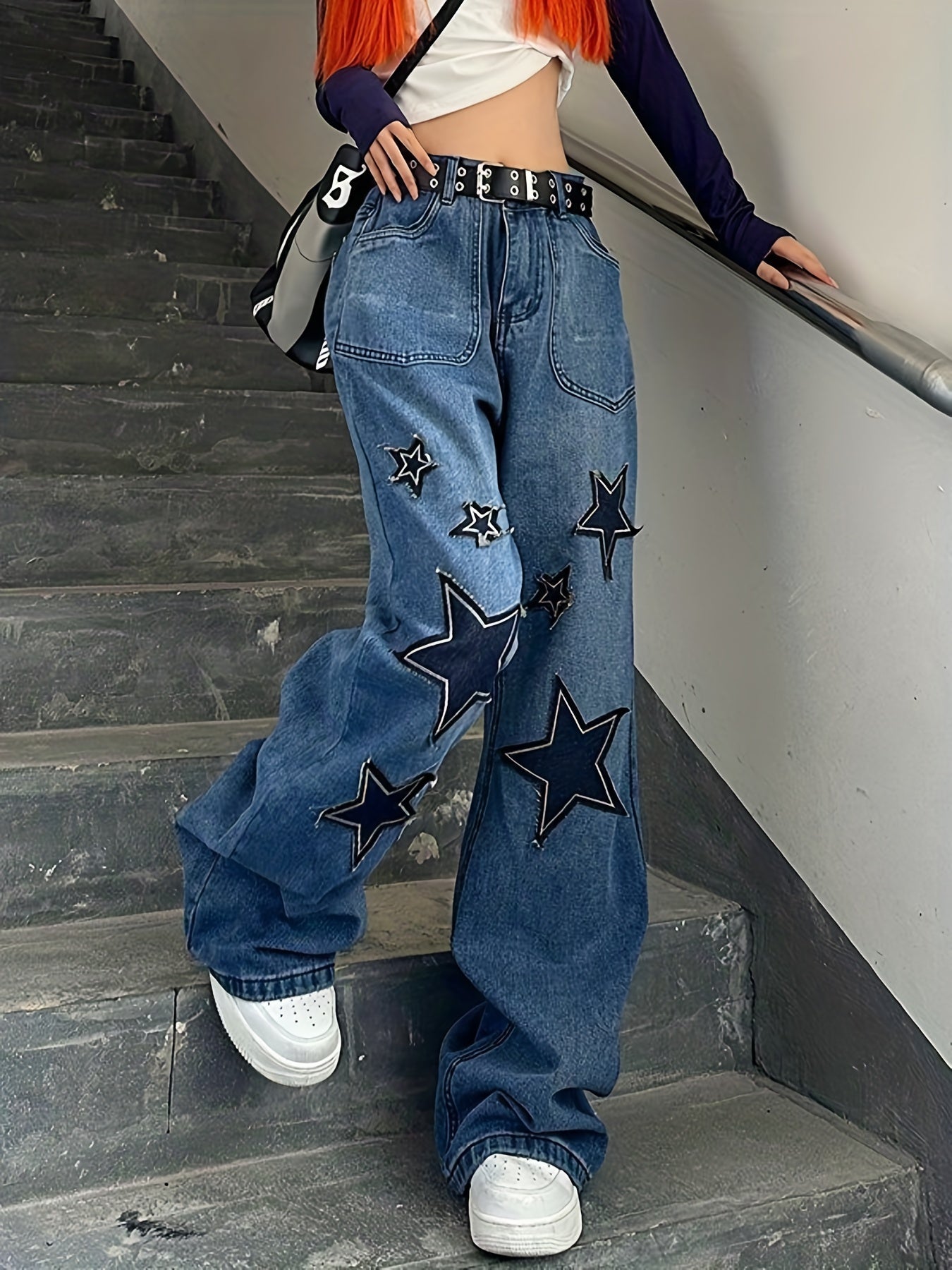 Girlfairy - Star Patch Baggy Loose Boyfriend Jeans, Dark Wash Zipper Button Closure Slash Pocket Wide Leg Denim Pants, Street Y2k Style, Women's Denim Jeans & Clothing