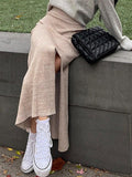 Girlfairy Solid High Rise Slit Knit Midi Skirt
