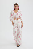 Girlfairy 2024 Fashion Woman Elegant SetFloral Print Puff Sleeve Knotted-front Tops Long Pants Suits
