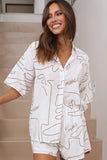 Girlfairy 2024 Fashion Woman Elegant SetAbstract Line Print Shirt Two Piece Shorts Set