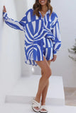 Girlfairy 2024 Fashion Woman Elegant SetBlue Geometry Patchwork Printed Long Sleeve Shirt Shorts Suits