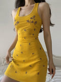 Girlfairy 2024 New Fshion Dress mini dress elegantFloral Embroidery Ribbed Tank Mini Dress