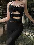 Girlfairy 2024 New Fshion Dress mini dress elegantFloral Embellish Cutout Split Halter Maxi Dress