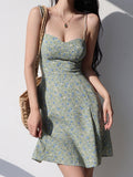 Girlfairy 2024 New Fshion Dress mini dress elegantLace Up Floral Green Mini Dress
