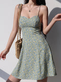Girlfairy 2024 New Fshion Dress mini dress elegantLace Up Floral Green Mini Dress