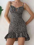 Girlfairy 2024 New Fshion Dress mini dress elegantLace Up Ruffle Ditsy Floral Mini Dress