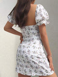 Girlfairy 2024 New Fshion Dress mini dress elegantBackless Puff Sleeve Floral Mini Dress