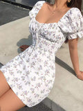 Girlfairy 2024 New Fshion Dress mini dress elegantBackless Puff Sleeve Floral Mini Dress