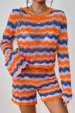 Girlfairy 2024 Fashion Woman Elegant SetContrast Patchwork Hollow Out Sweater Shorts Set