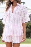 Girlfairy 2024 Fashion Woman Elegant SetContrast Striped Shirt Two-piece Shorts Set
