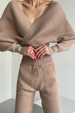 Girlfairy 2024 Fashion Woman Elegant SetDolman Sleeves Off Shoulder Ribbed Knit Sweater Pants Suits