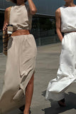 Girlfairy 2024 Fashion Woman Elegant SetElastic Waist Tank Top Slit Wide Leg Long Pants Suits
