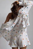 Girlfairy 2024 Fashion Woman Elegant SetHeart Print Ruffle Long Sleeve Shirt Two Piece Shorts Set