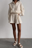 Girlfairy 2024 Fashion Woman Elegant SetHeart Print Ruffle Long Sleeve Shirt Two Piece Shorts Set