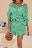 Girlfairy 2024 Fashion Woman Elegant SetHollow Out Knit Tops Drawstring Shorts Suits