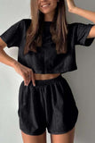 Girlfairy 2024 Fashion Woman Elegant SetHollow Short Sleeve Crop Top Shorts Set