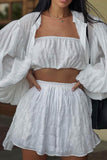 Girlfairy 2024 Fashion Woman Elegant SetLong Puff Sleeve Shirt Strapless Three-piece Shorts Set