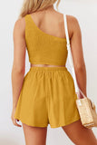 Girlfairy 2024 Fashion Woman Elegant SetOne Shoulder Smocked Tank Top Drawstring Shorts Suits