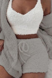Girlfairy 2024 Fashion Woman Elegant SetPlush Open-Front Hoodie Vest Three Piece Shorts Set